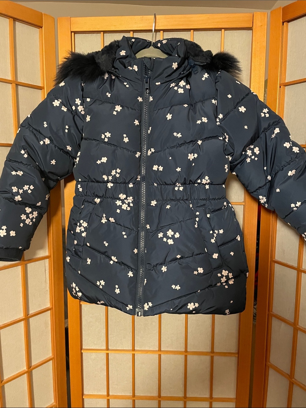 Members Mark Toddler Girl 4T Navy Floral Heavy Coat Faux Fur Detachable Hood